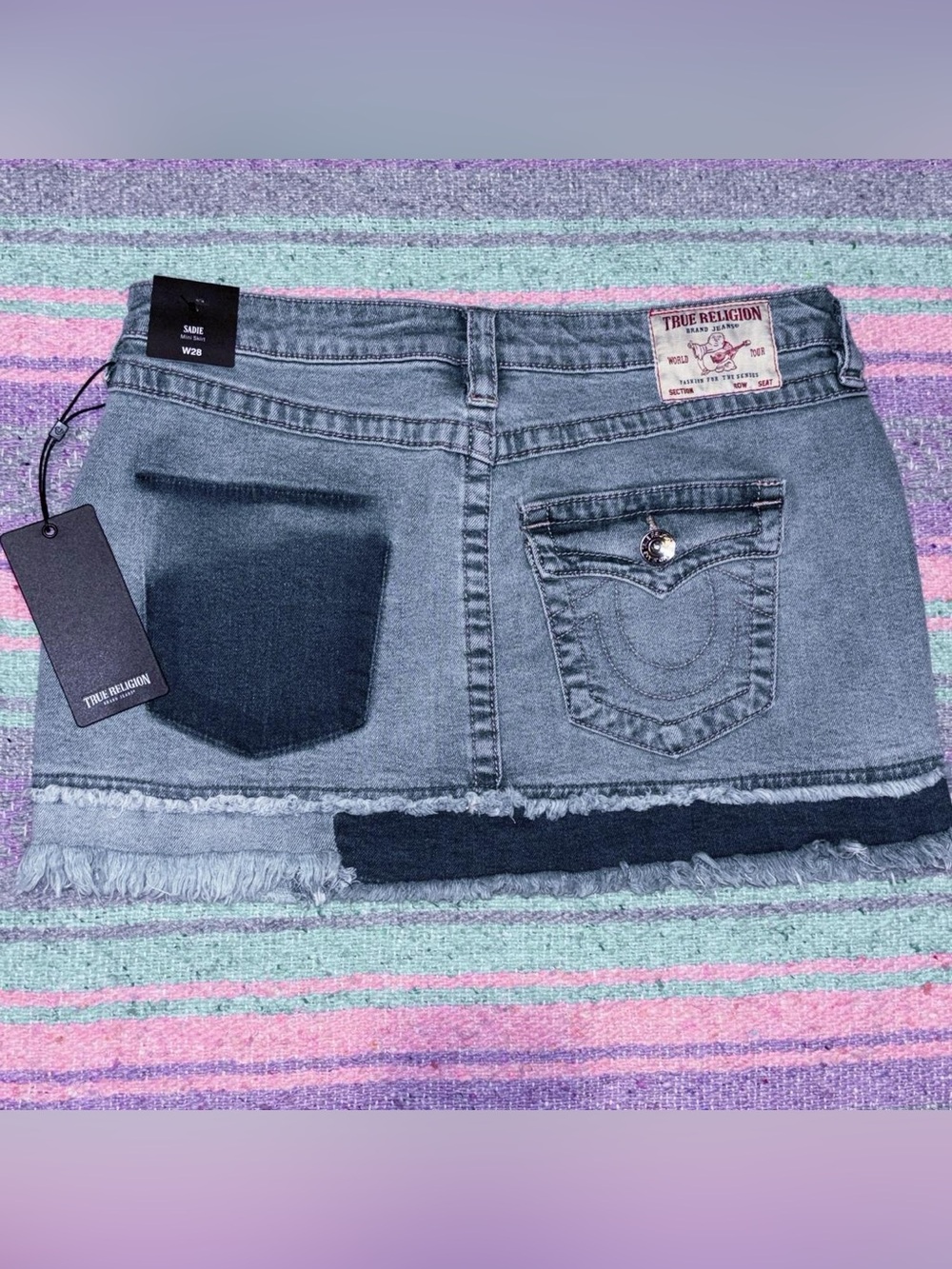 True Religion Sadie Panel Mini Skirt NWT Y2K Low Rise Denim Flap Pocket W28